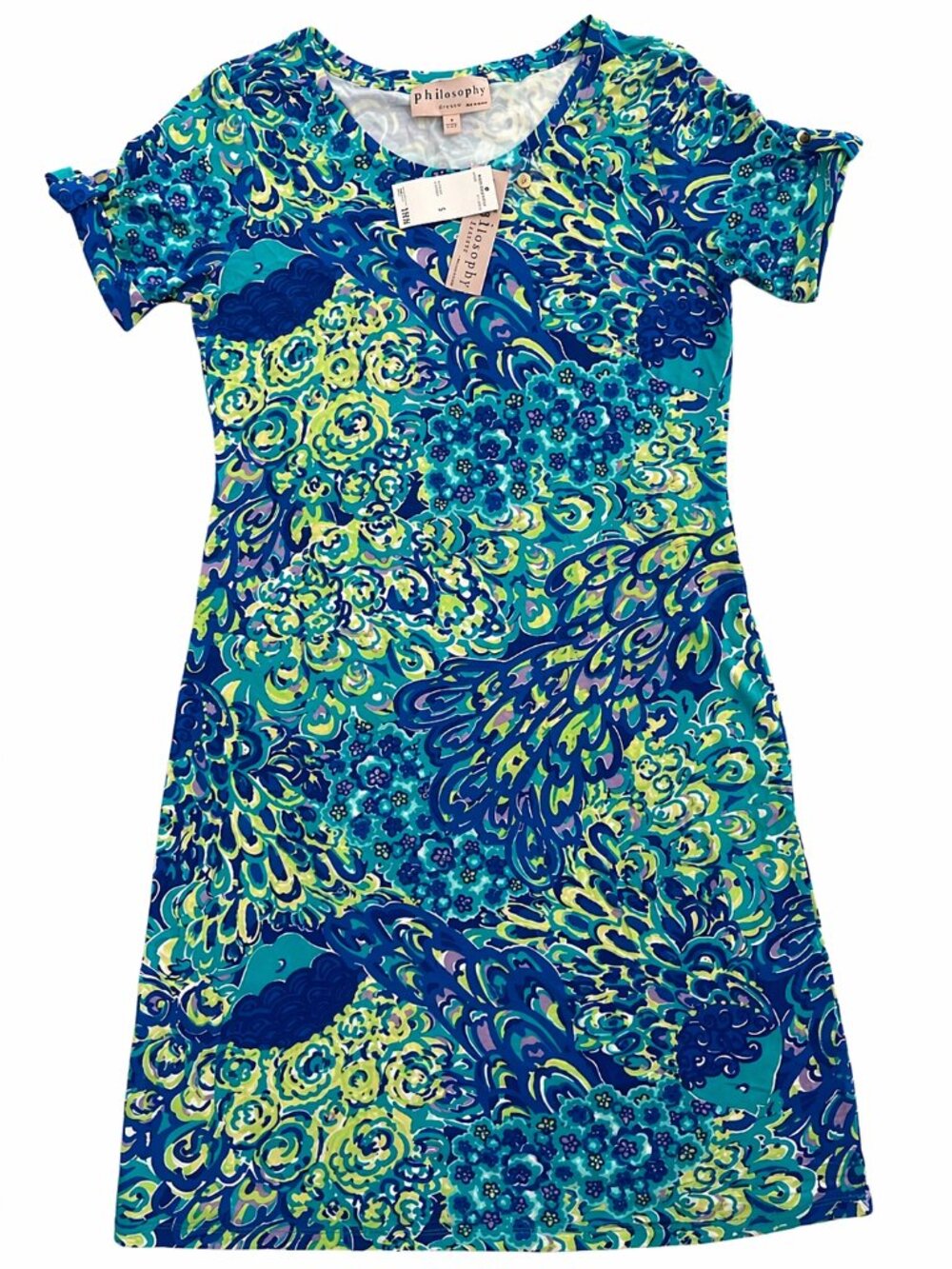 Philosophy Aqua Peacock Print Dress Knee Length S M L XL NWT - Picture 2 of 9